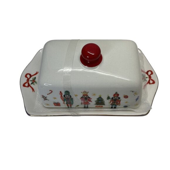 Grace Teaware Nutcracker Ceramic Christmas Butter Dish Set Gold trim - Picture 5 of 5